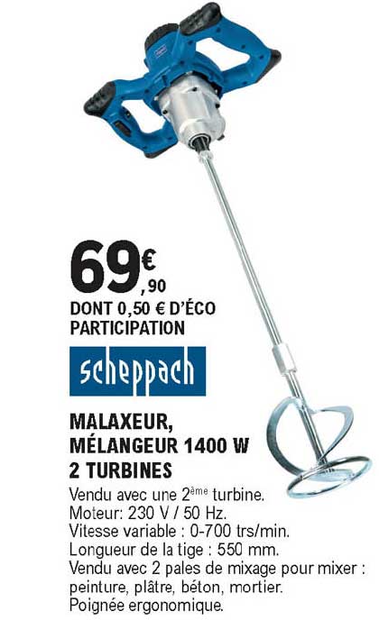 malaxeur mélangeur 1400 w 2 turbines scheppach