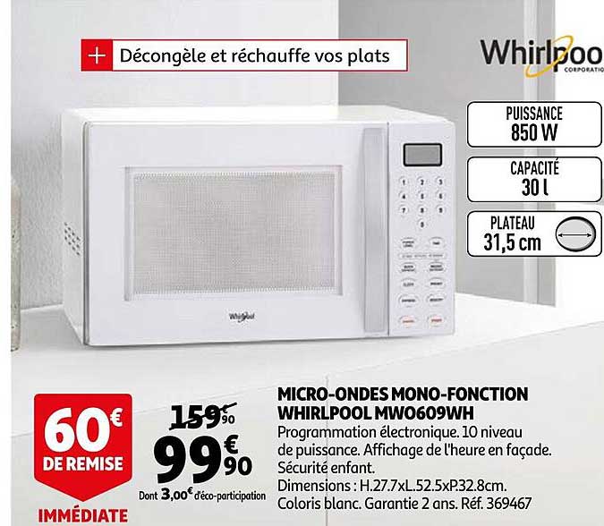 micro-ondes mono-fonciton whirlpool mw0609wh