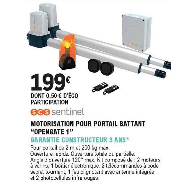 motorisation pour portail battant "opengate 1" garantie constructeur 3 ans scs sentinel