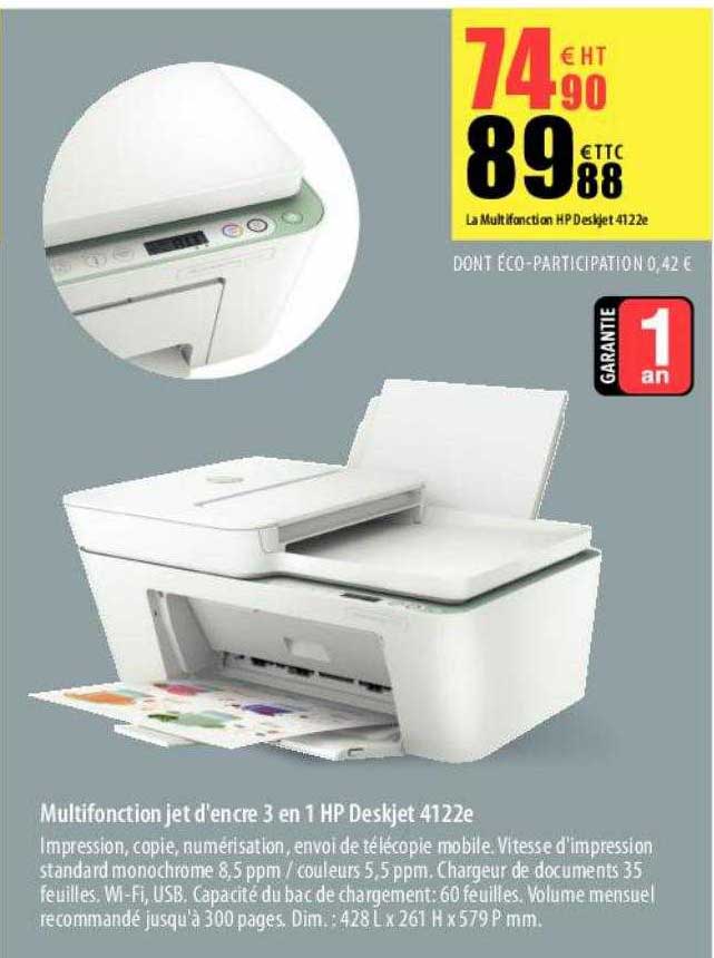 multifonction jet d'encre 3en1 hp deskjet 4122e