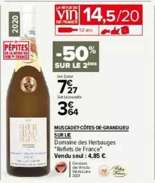 muscadet-côtes-de-grandlieu sur lie domaine de herbauges "reflets de france" -50% sur le 2ème
