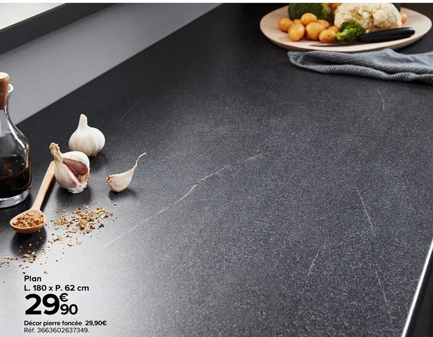 plan l. 180 x p. 62 cm décor pierre foncée