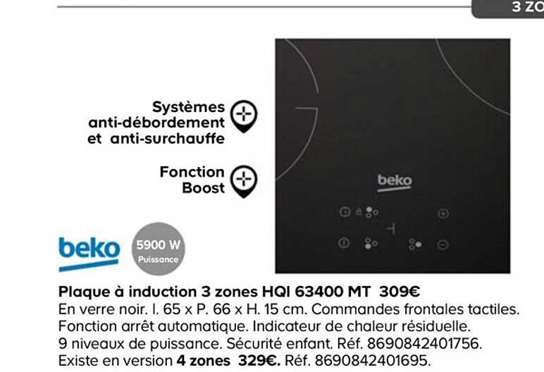 plaque à induction 3 zones hqi 63400 mt beko