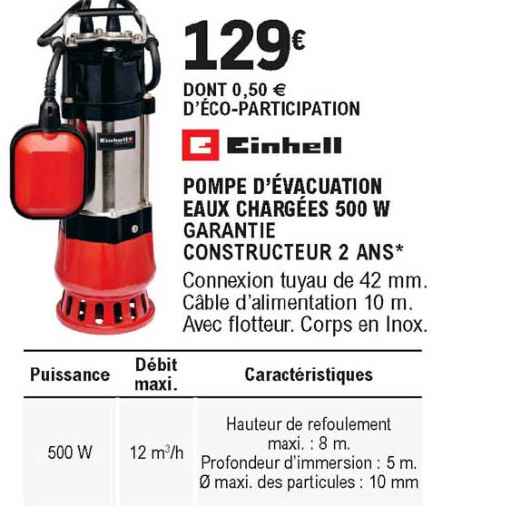 pompe d'évacuation eaux chargées 500 w einhell