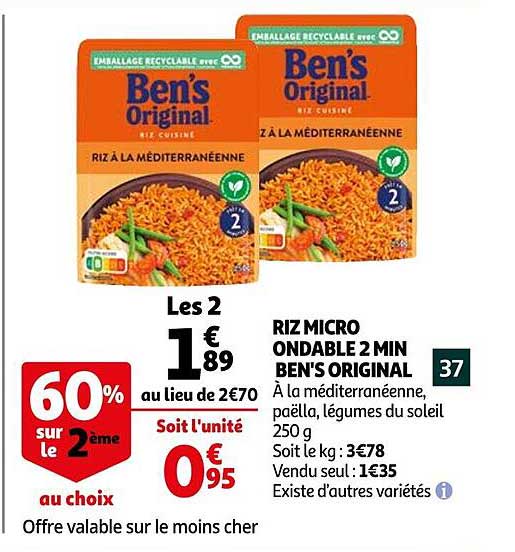 riz micro ondable 2 min ben's original 60% sur le 2ème au choix