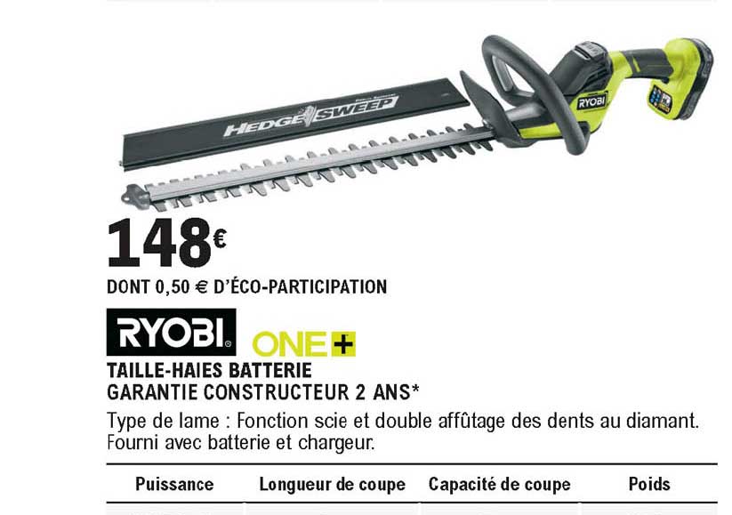 ryobi one+ taille-haies batterie garantie constructeur 2 ans