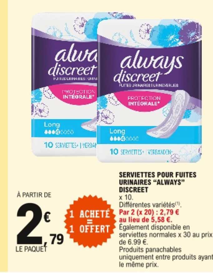 serviettes pour fuites urinaires always discreet 1 acheté = 1 offert