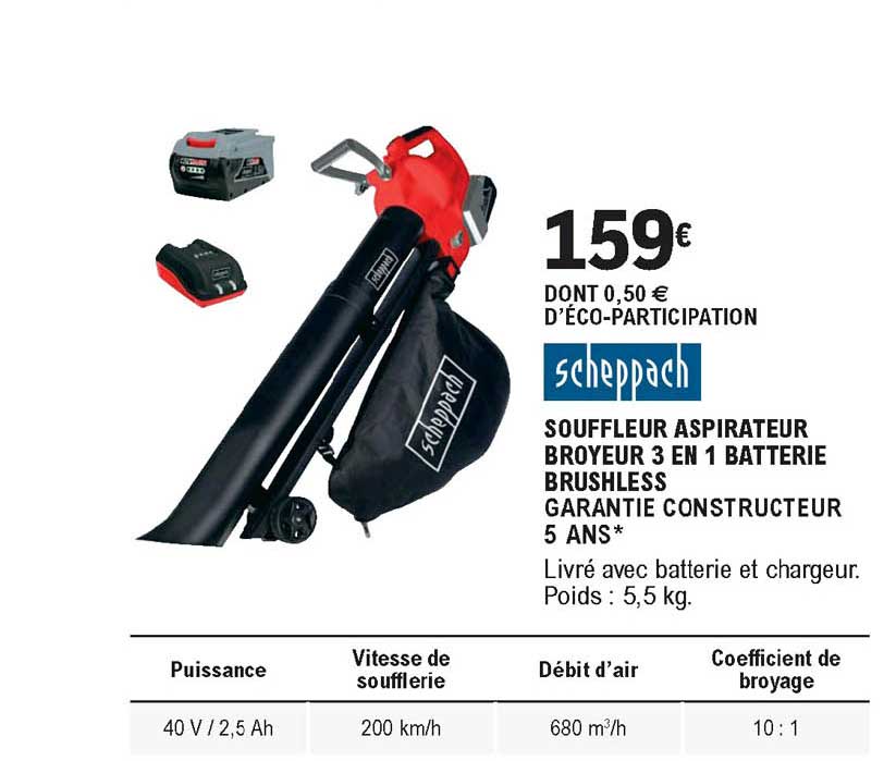 Souffleur Aspirateur Broyeur 3 En 1 Batterie Brushless Scheppach