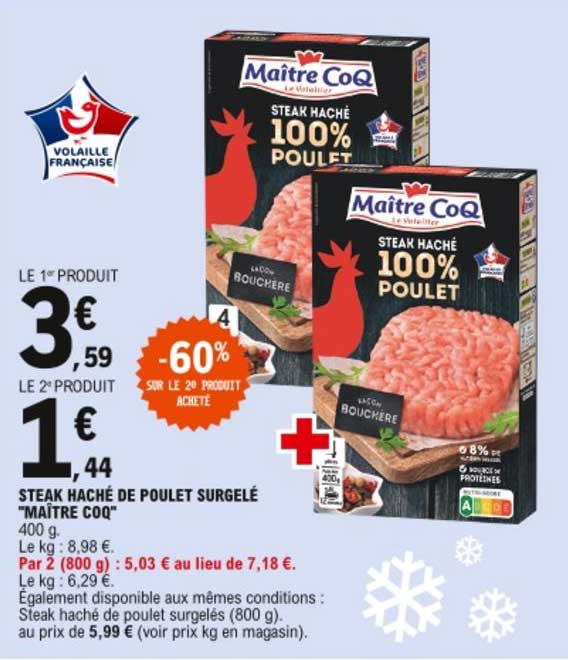 steak haché de poulet surgelé maître coq -60% sur le 2e produit acheté