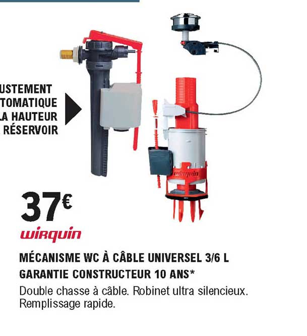 wirquin mécanisme wc à câble universel 3-6 l garantie constructeur 10 ans