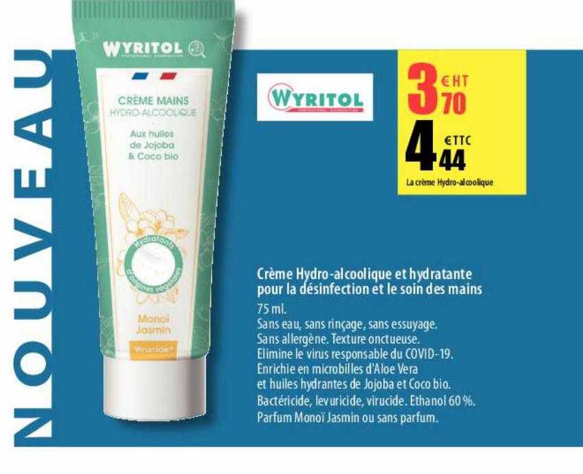 wyritol crème hydro-alcoolique et hydratante pour la désinfection et le soin des mains