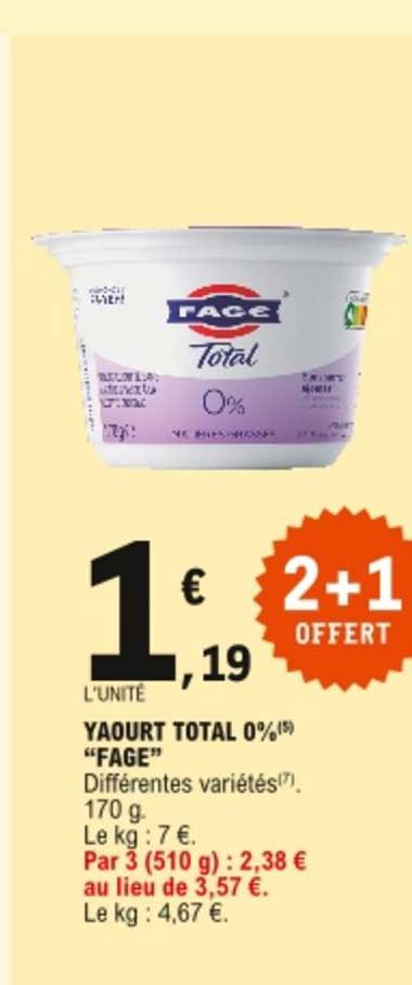 Yaourt Total 0% Fage 2+1 Offert