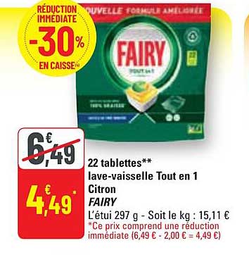 22 tablettes lave-vaisselle tout en 1 citron fairy
