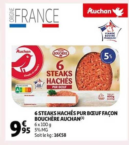 6 steaks hachés pur bœuf façon bouchère auchan