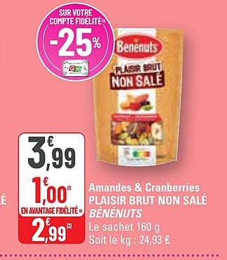 amandes & cranberries plaisir brut non salé bénénuts