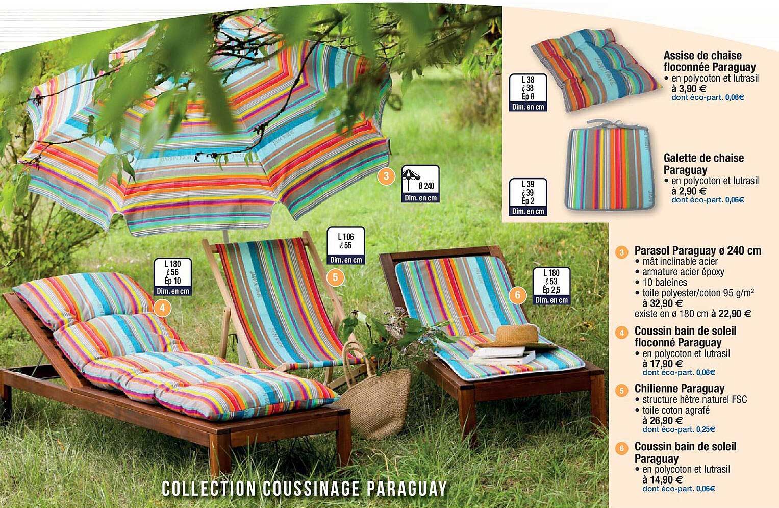 assise de chaise floconnée paraguay, galette de chaise paraguay, parasol paraguay ø 240 cm, coussin bain de soleil floconné paraguay, chilienne paraguay, coussin bain de soleil paraguay