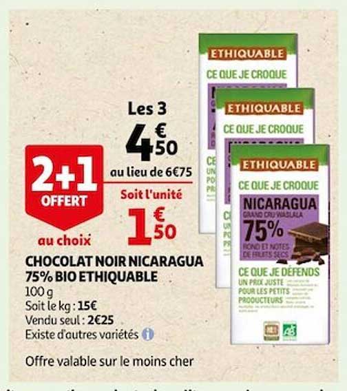 chocolat noir nicaragua 75% bio éthiquable