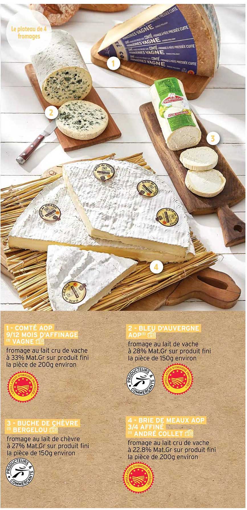 comté aop 9-12 mois d'affinage vagne, bleu d'auvergne aop, bûche de chèvre bergelou, brie de meaux aop 3-4 affiné andré collet