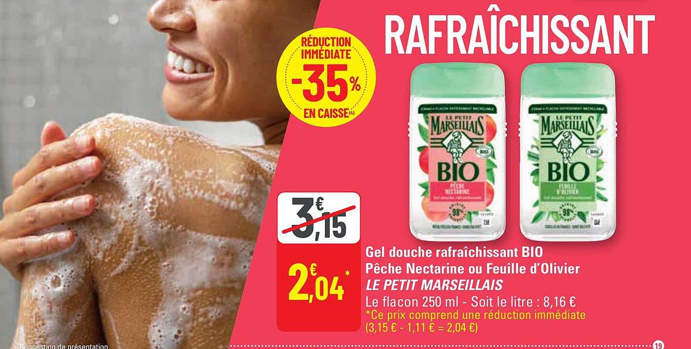 gel douche rafraîchissant bio pêche nectarine ou feuille d'olivier le petit marseillais