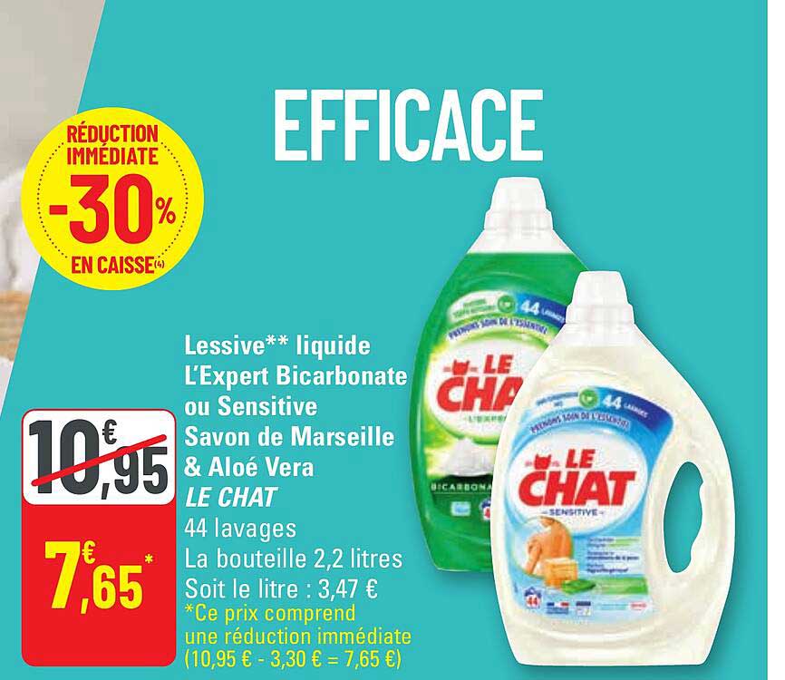 Lessive Liquide L'expert Bicarbonate Ou Sensitive Savon De Marseille & Aloé Vera Le Chat