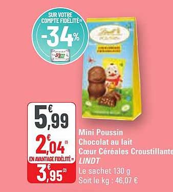 mini poussin chocolat au lait cœur céréales croustillante lindt