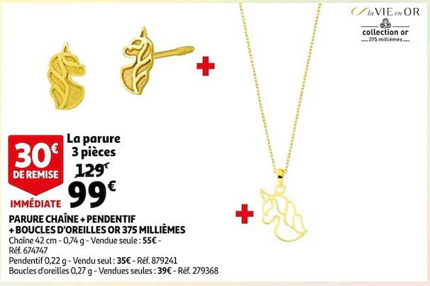 parure chaîne + pendentif + boucles d'oreilles or 375 millièmes