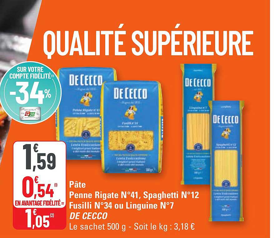 pâte penne rigate n°41, spaghetti ,°12, fusilli n°34 ou linguine n°7 de cecco