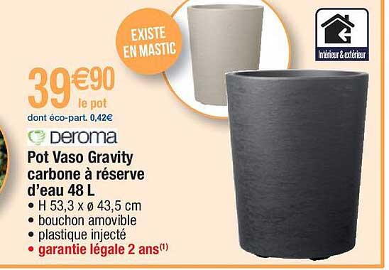 pot vaso gravity carbone à réserve d'eau 48l deroma