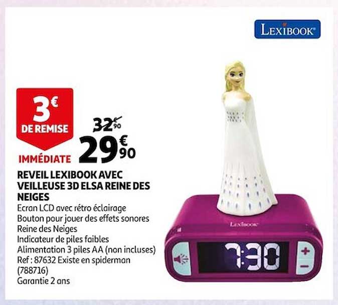 réveil lexibook avec veilleuse 3d elsa reine des neiges