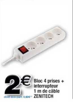 Bloc 4 Prises + Interrupteur 1 M De Câble Zenitech