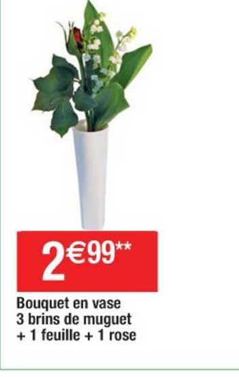 bouquet en vase 3 brins de muguet + 1 feuille + 1 rose