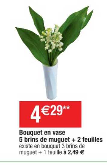 bouquet en vase 5 brins de muguet + 2 feuilles