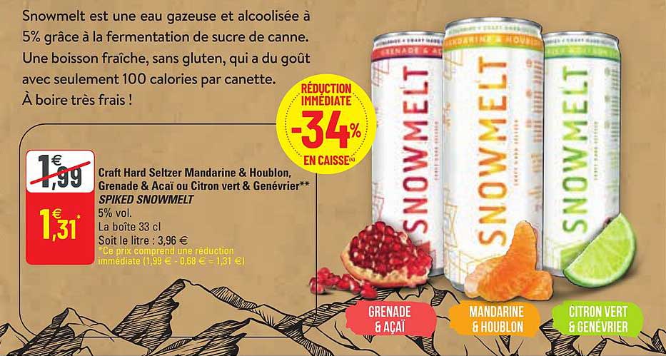 craft hard seltzer mandarine & houblon, grenade & acaï ou citron vert & genévrier spiked snowmelt