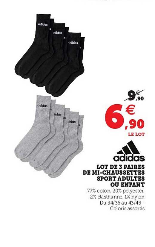 lot de 3 paires de mi-chaussettes sport adultes ou enfant