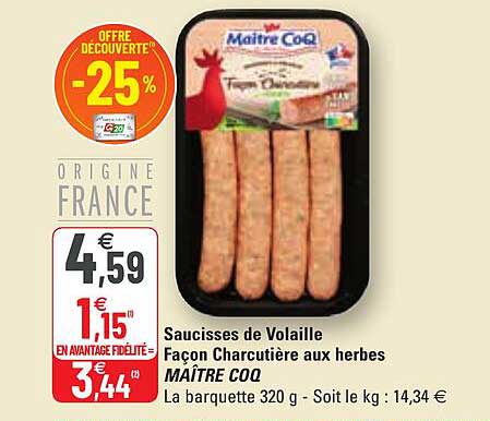 saucisses de volaille façon charcutière aux herbes maître coq