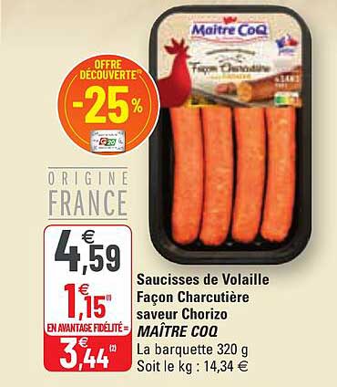 saucisses de volaille façon charcutière saveur chorizo maître coq