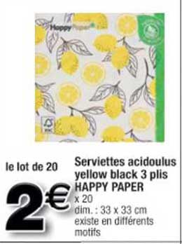 serviettes acidoulus yellow black 3 plis happy paper