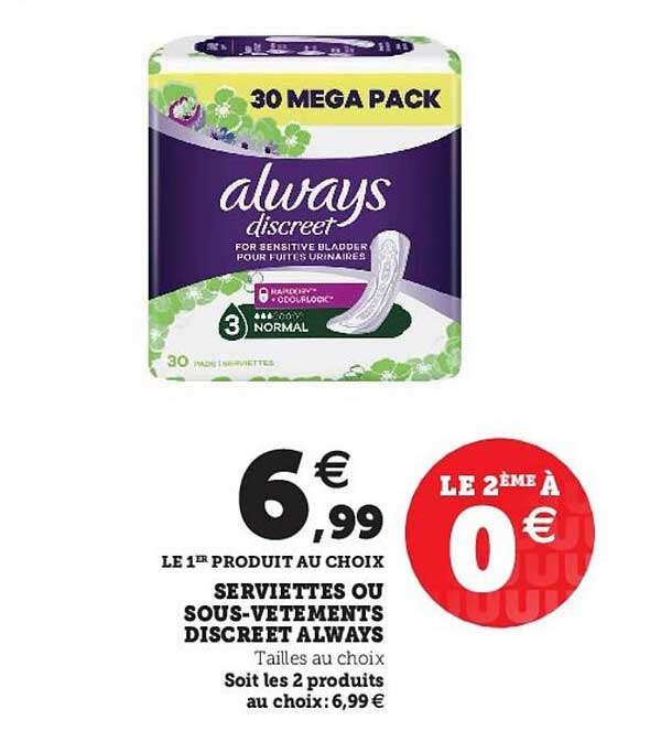 serviettes ou sous-vêtements discreet always