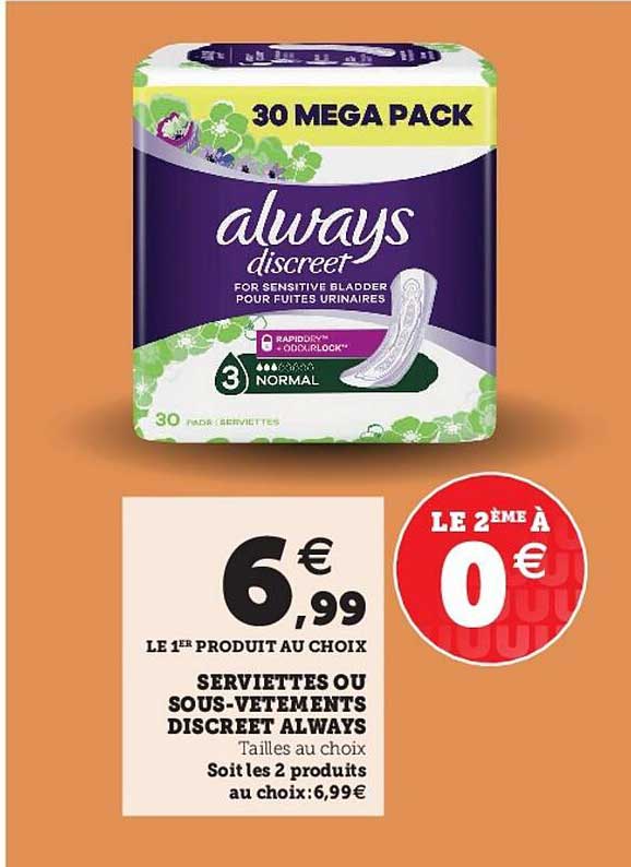 serviettes ou sous-vêtements discreet always