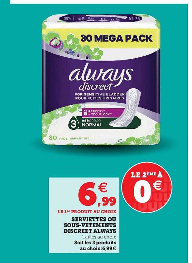 serviettes ou sous-vêtements discreet always