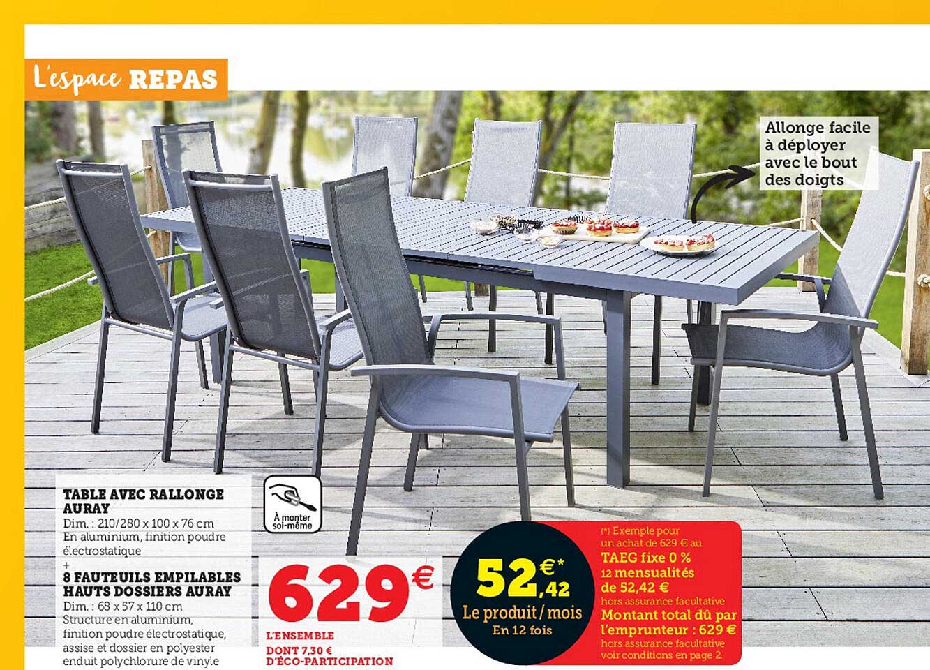 table avec rallonge auray + 8 fauteuils empilables hautes dossiers auray