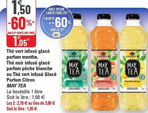 thé vert infusé glacé parfum menthe, thé noir infusé glacé parfum pêche blances ou thé vert infusé glacé parfum citron may tea