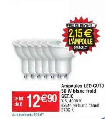 ampoules led gu10 50 w blanc froid getic