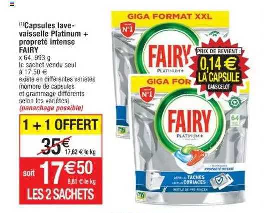 capsules lave-vaisselle platinum + propreté intense fairy