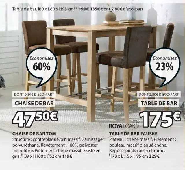 chaise de bar tom, table de bar fauske royal oak