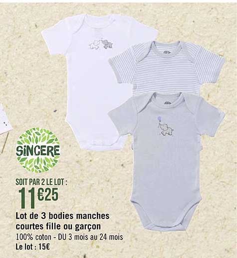 lot de 3 bodies manches courtes fille ou garçon sincère