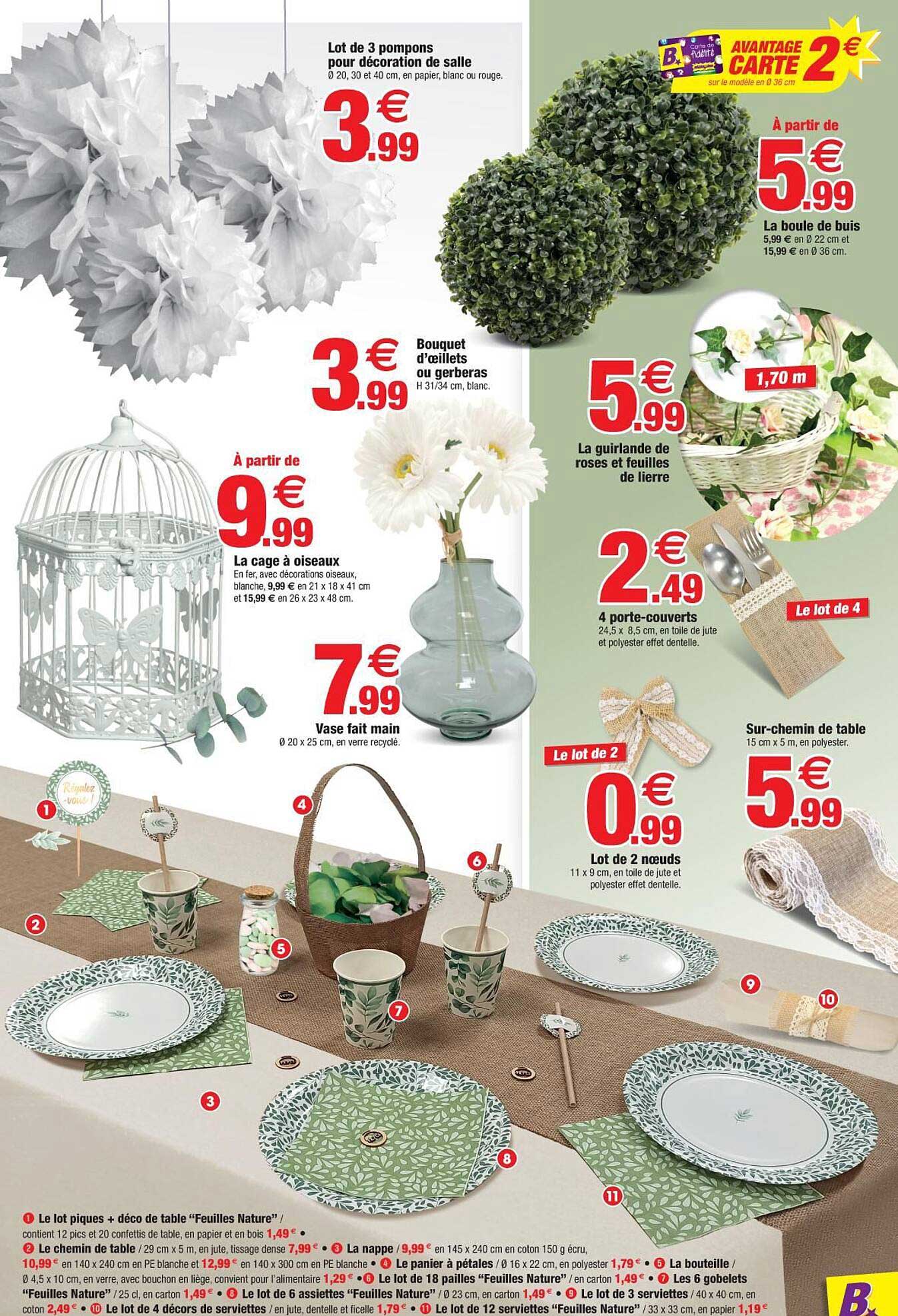 lot de 3 pompons pour décorations de salle, bouquet d'œillet ou gerberas, la cage à oiseaux, vase fait main, la boule de buis, la guirlande de roses et feuilles de lierre