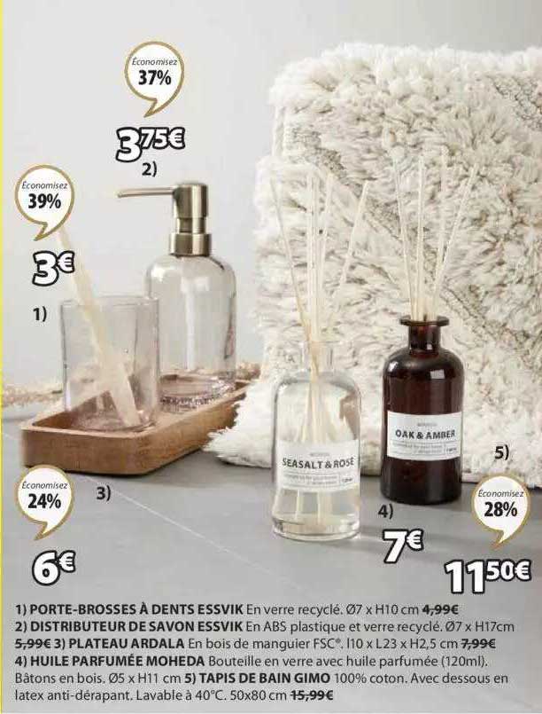 porte-brosses à dents essvik, distributeur de savon essvik, plateau ardala, huile parfumée moheda, tapis de bain gimo