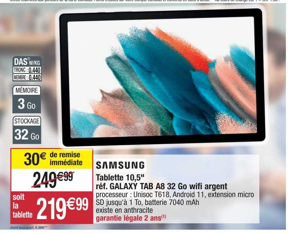 samsung tablette 10.5" tab a8 32go wifi argent
