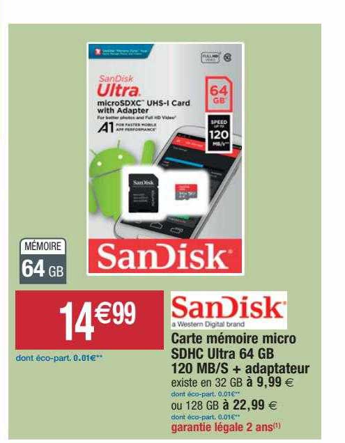 sandisk carte mémoire micro sdhc ultra 64gb 120mb.s + adaptateur